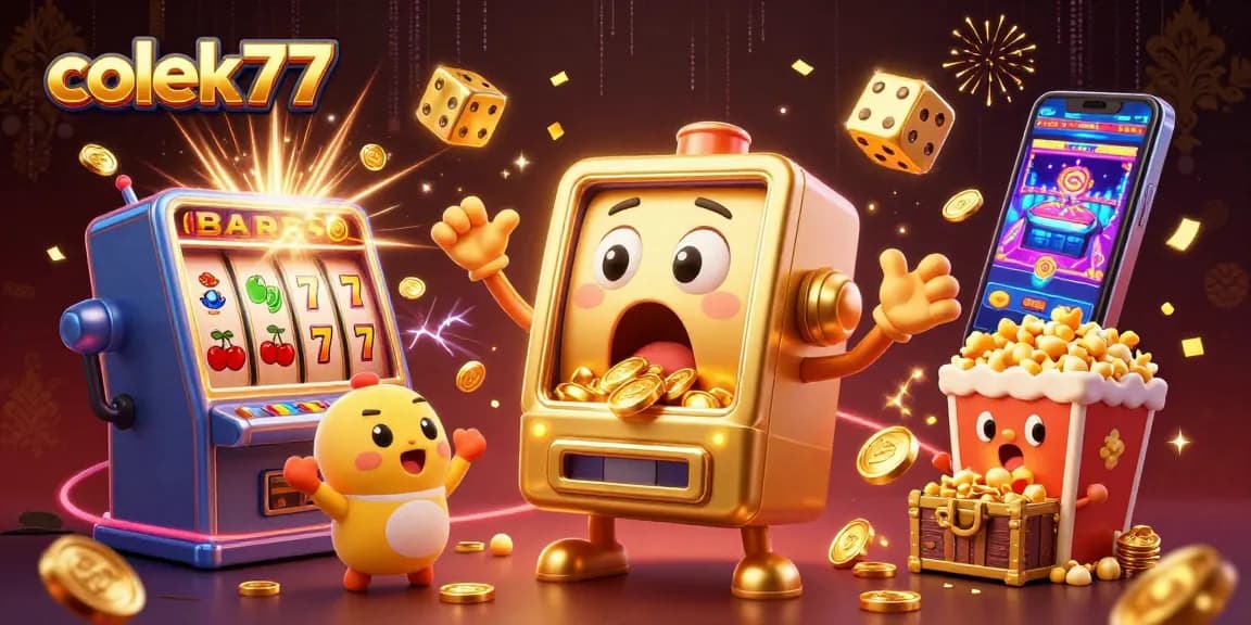 Colek77 inspired slot machines celebrating a jackpot with coins flying, showcasing casino excitement.