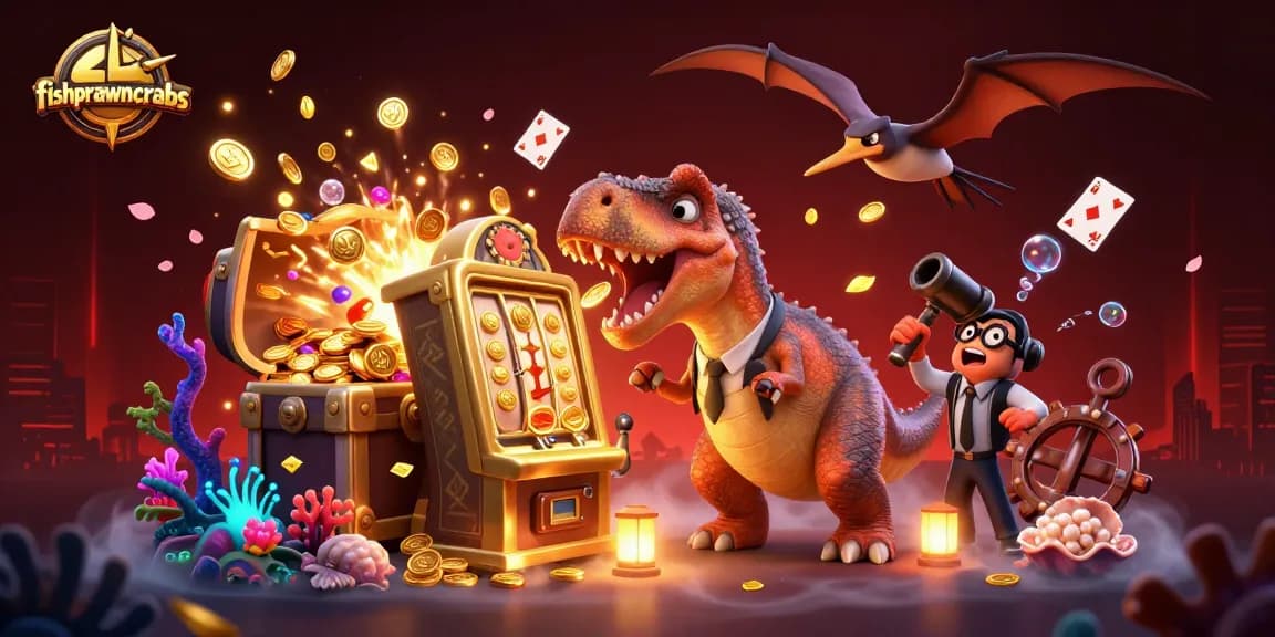 Experience the thrill of fishprawncrabs as pachycephalosaurus hits a jackpot slot machine amidst exciting casino elements.