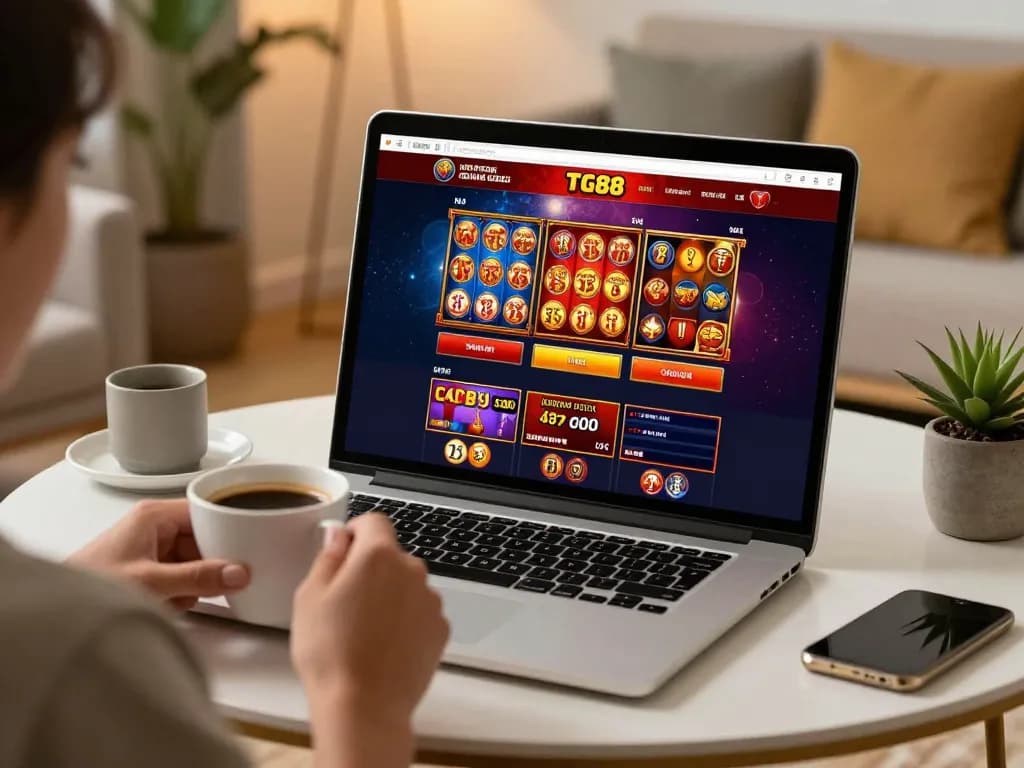 Engaging with the TG88 online casino platform on a laptop in a cozy home setting.