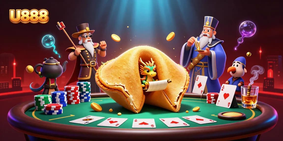 Experience the thrill of U888 with a dragon revealing secrets in a lively casino scene.