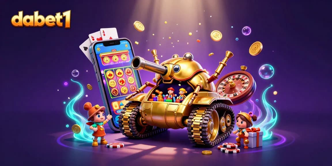 Engage with dabet1's casino scene featuring a golden beetle tank and colorful slot game elements.