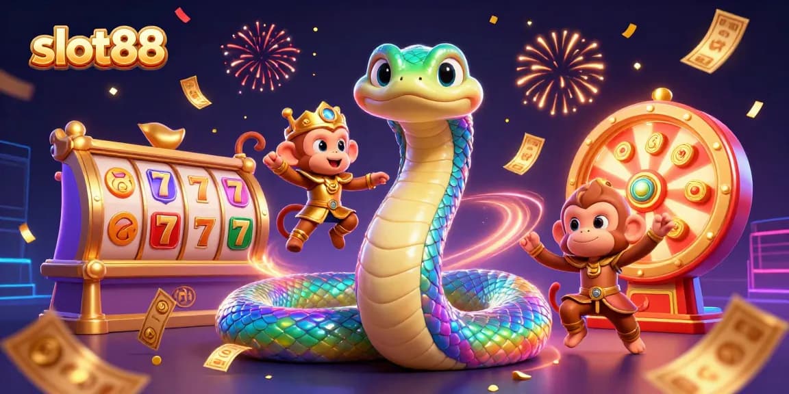 Menangkan jackpot di slot88 dengan ilustrasi dinamis dan berwarna-warni dari simbol keberuntungan dan slot yang berputar.