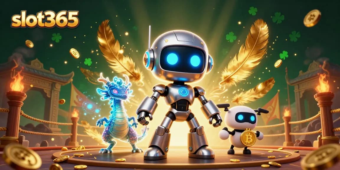 Engage with slot365's dynamic experience featuring a robot mascot, a holographic dragon, and casino elements.