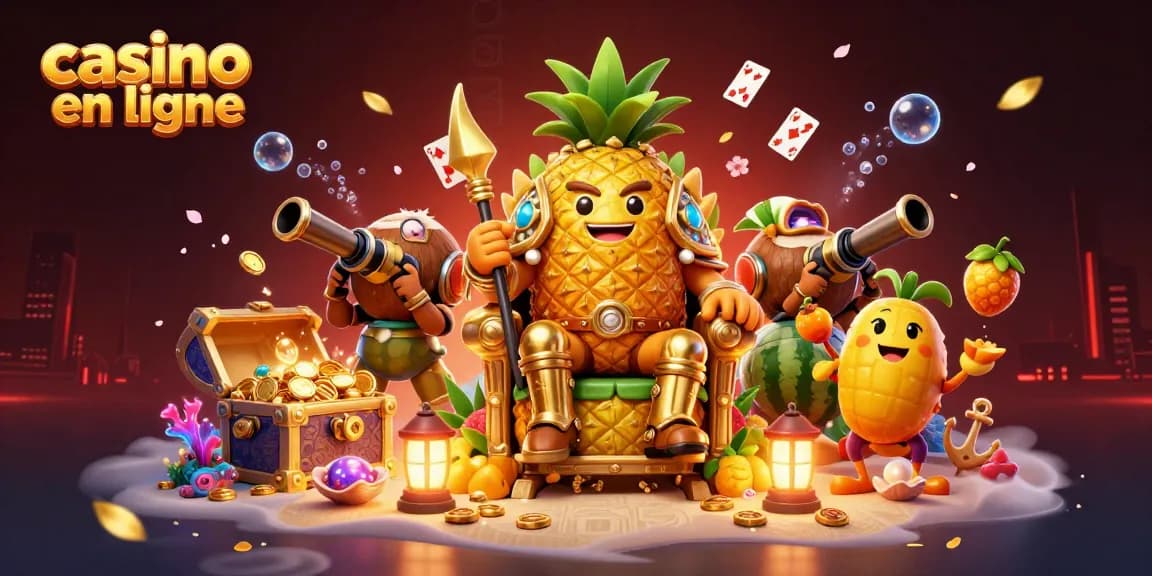 Jouez au casino en ligne avec le roi ananas et ses gardes dans une scène de plage festive.