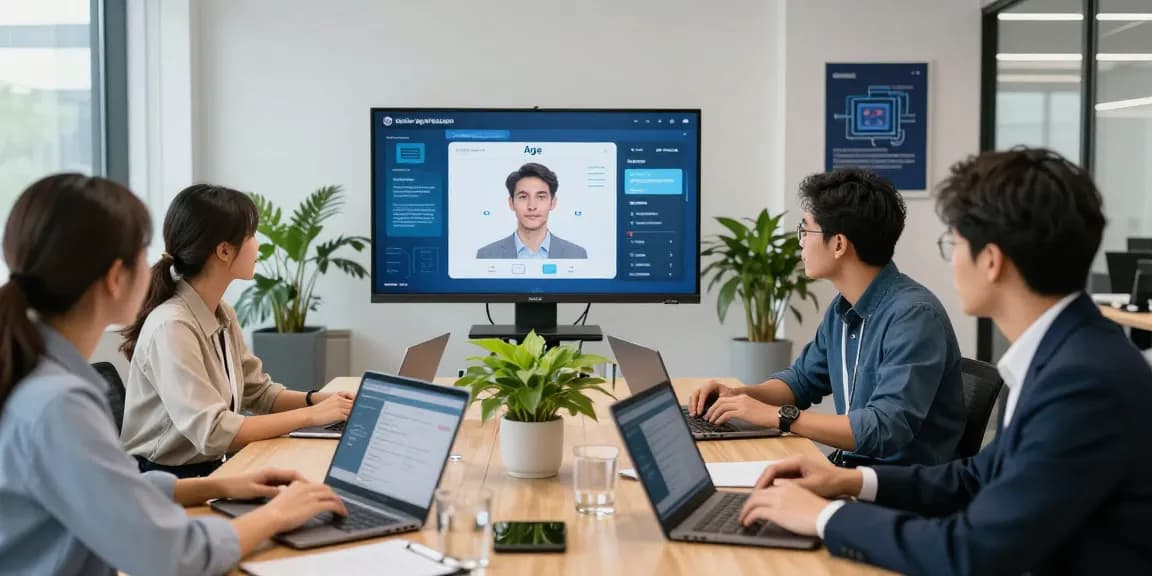 Team discussing age verification system implementation in a modern office setting