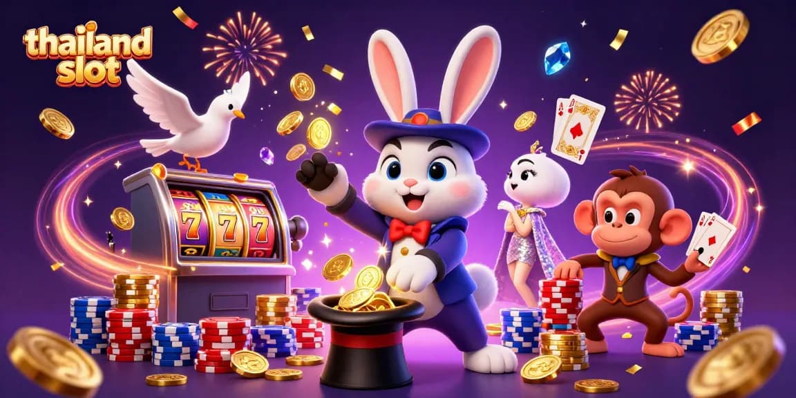 Experience thailand slot action with a magician rabbit, assistant dove, and monkey in a vibrant casino scene.