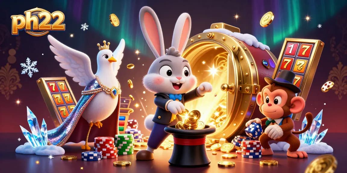 Experience excitement at ph22 with a dynamic scene featuring a magician rabbit and casino elements.