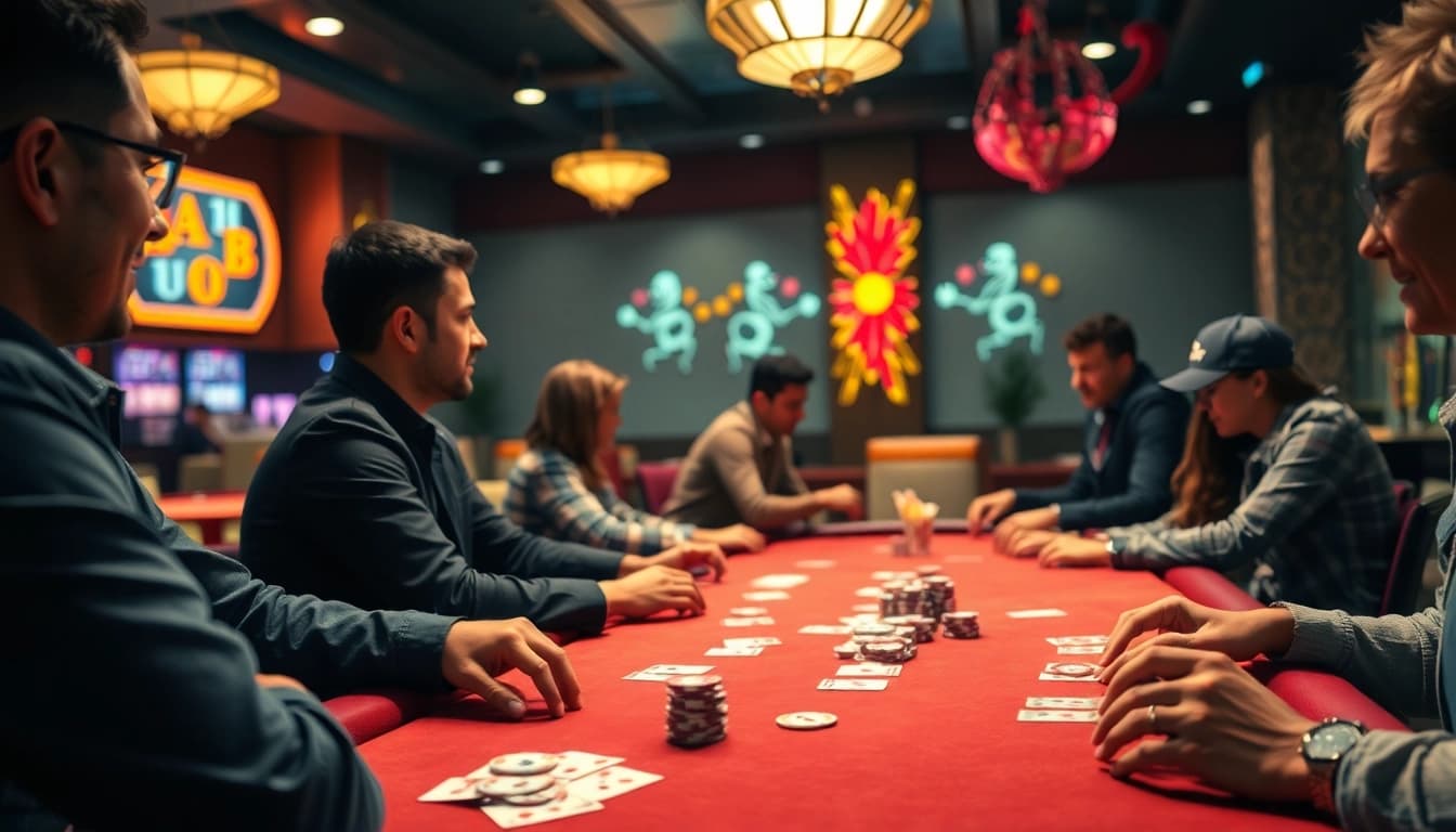 Pemain kasino pgbet bersenang-senang di meja poker dengan suasana yang ramah.