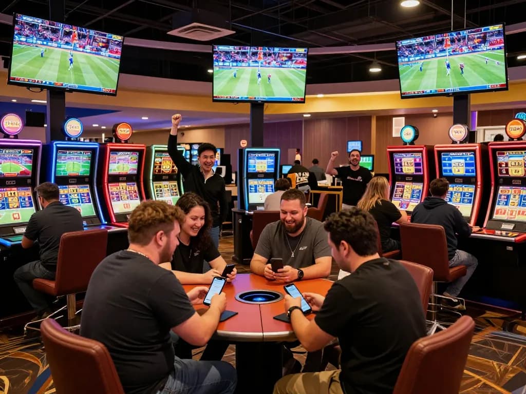 Engaged gamblers placing bets at TG88 Casino's vibrant sports betting area, capturing the excitement of live events.