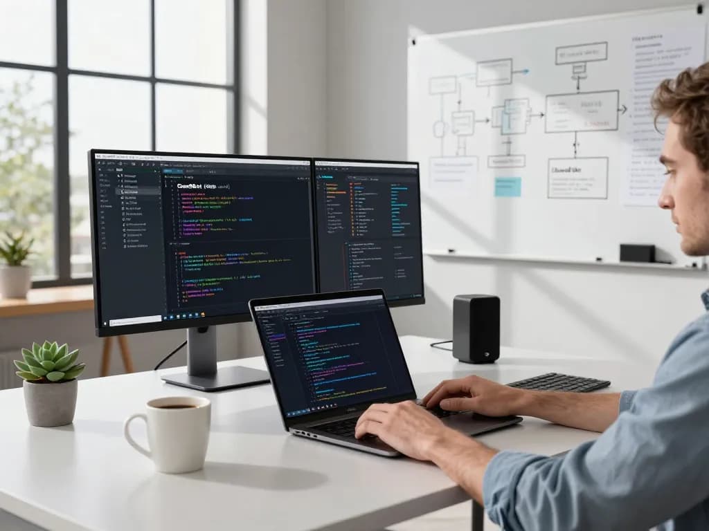 Developer using Clawdbot in a modern office workspace with dual monitors.