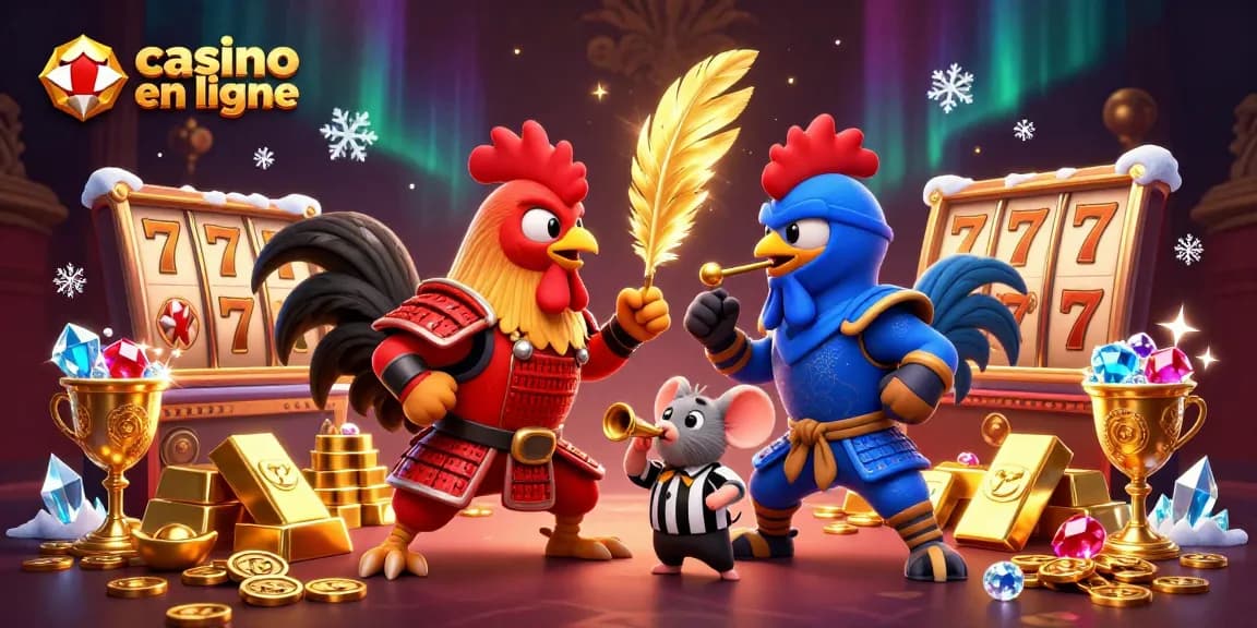 Viens vivre l'expérience du casino en ligne avec des coqs cartoon en combat et des trésors étincelants.