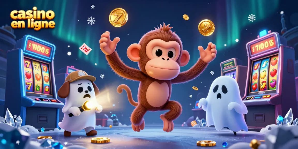 Lancez des gains sur le casino en ligne avec une illustration colorée captivante de machines à sous et un chien détective.