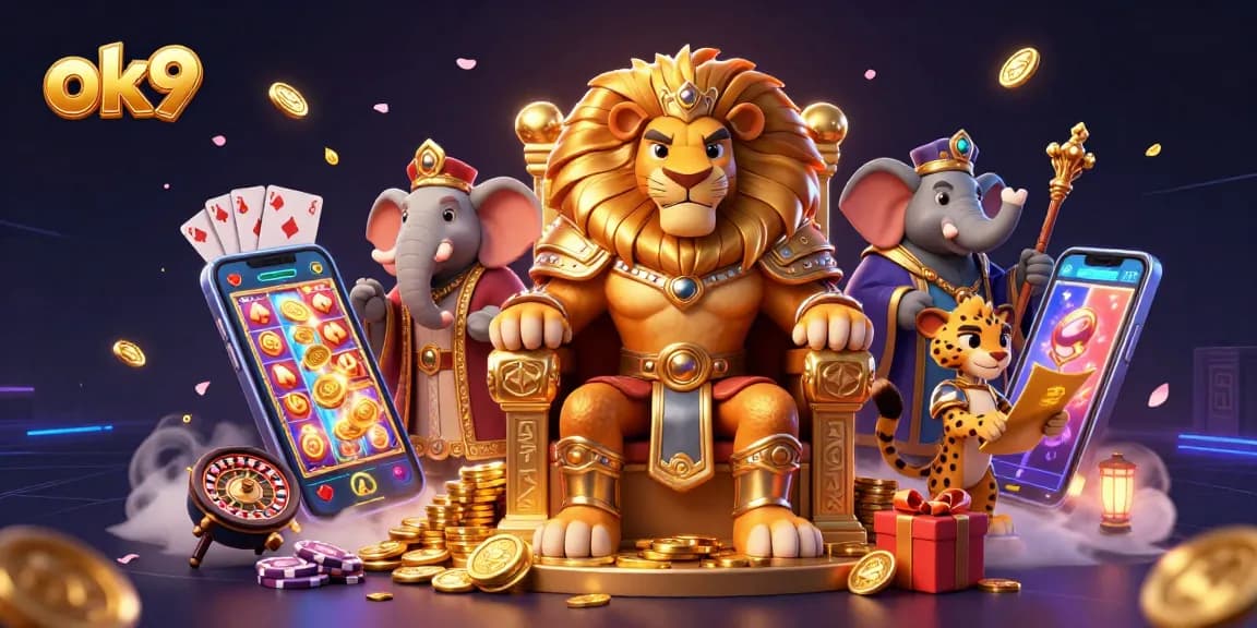 Experience OK9 gaming with dynamic golden coins, thrilling slot games, and vibrant casino elements