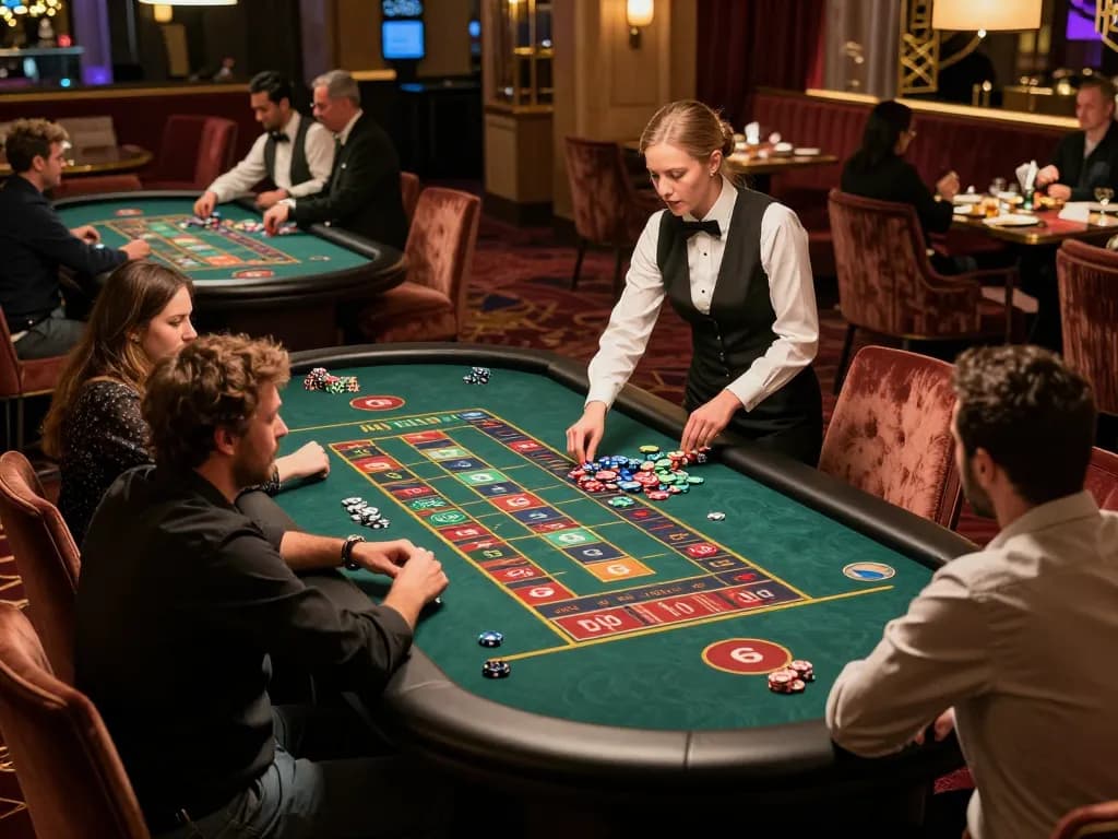 Players engaging at roulette tables in the colorful 888top casino floor, showcasing excitement and strategy