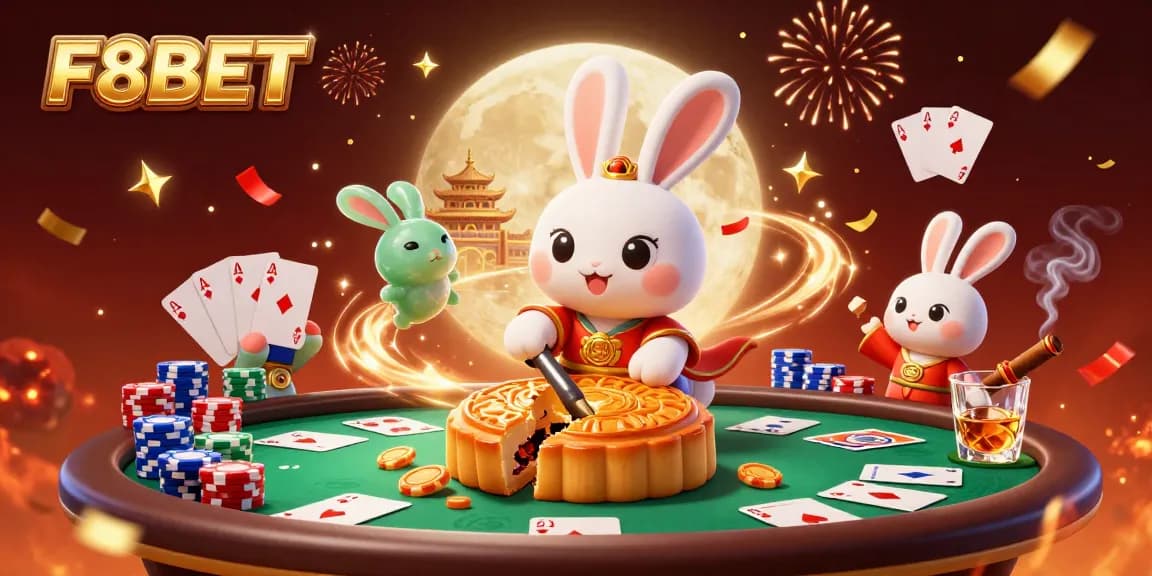 Experience F8BET's vibrant casino adventure with a magical moon rabbit and poker excitement.