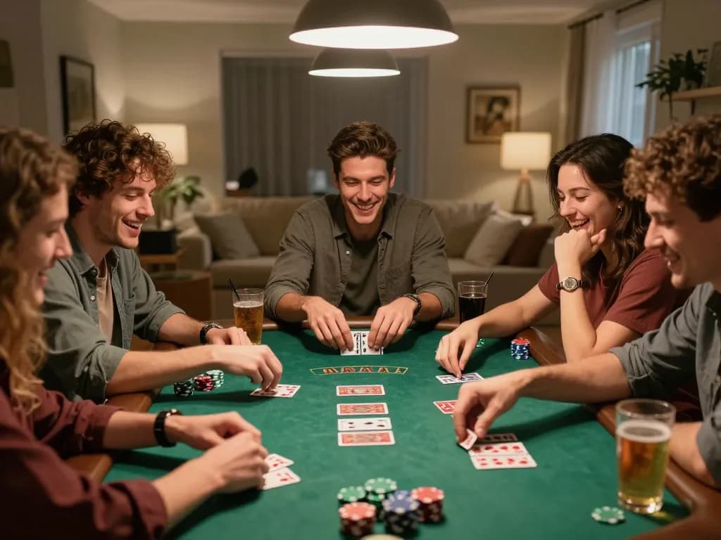 Friends enjoying a thrilling hand of blackjack in a friendly home setting while using LLwin strategy.