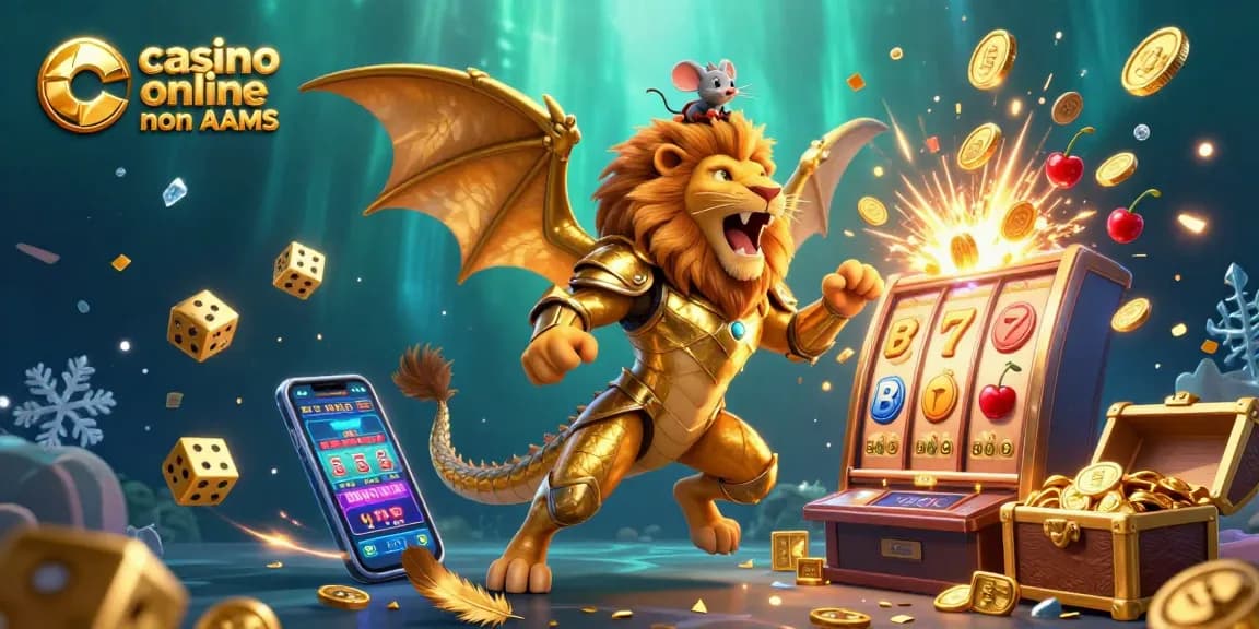 Illustrazione coinvolgente di casino online non AAMS con chimera dorata, jackpot della slot machine e elementi di gioco dinamici.