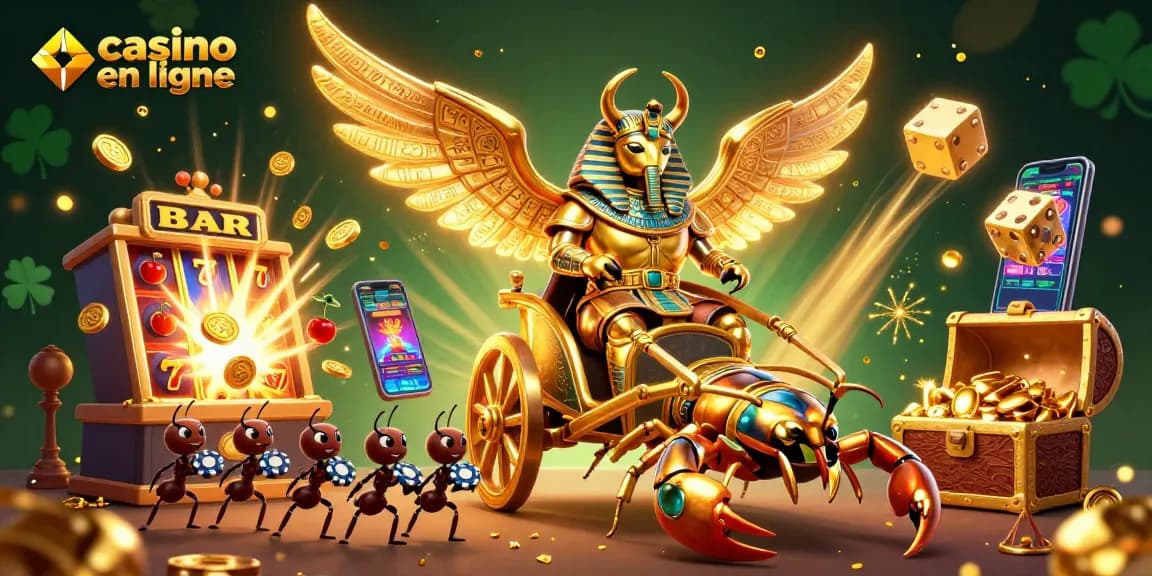 Gagnez au casino en ligne avec une illustration de scarabée pharaon, machines à sous et trésors d'or.