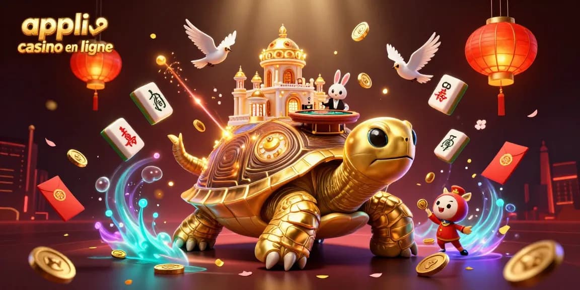 Illustration d'une appli casino en ligne avec une tortue géante et des éléments de jeux d'argent, offrant un divertissement vibrant.