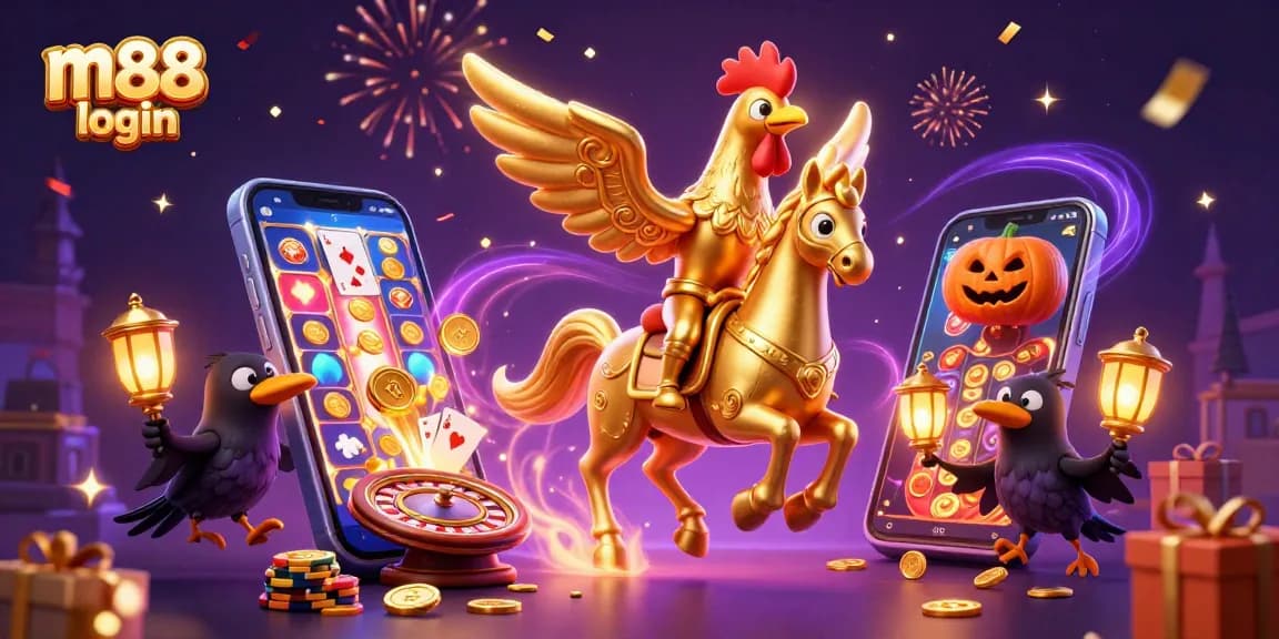 Experience the excitement of m88 login with vibrant golden rooster characters in a magical casino.