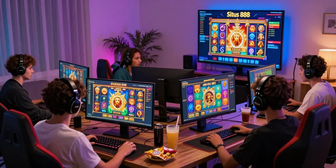 Exciting gaming scene at Situs 888 featuring players enjoying Zeus-themed slot games, modern gaming setup, and vibrant atmosphere.