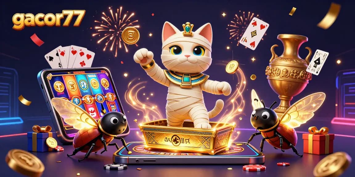 Gacor77 memberikan pengalaman bermain slot yang menarik dengan karakter kartun Mummy dan elemen kasino yang mengesankan.