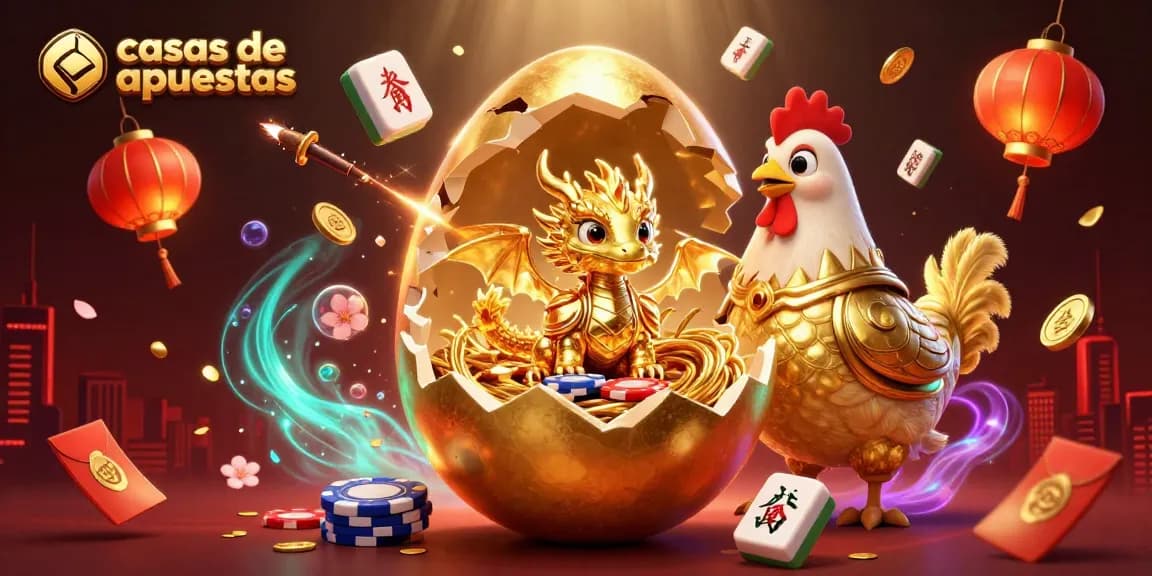 Descubre las casas de apuestas con un dragón dorado y fichas de póker brillantes en un entorno vibrante.