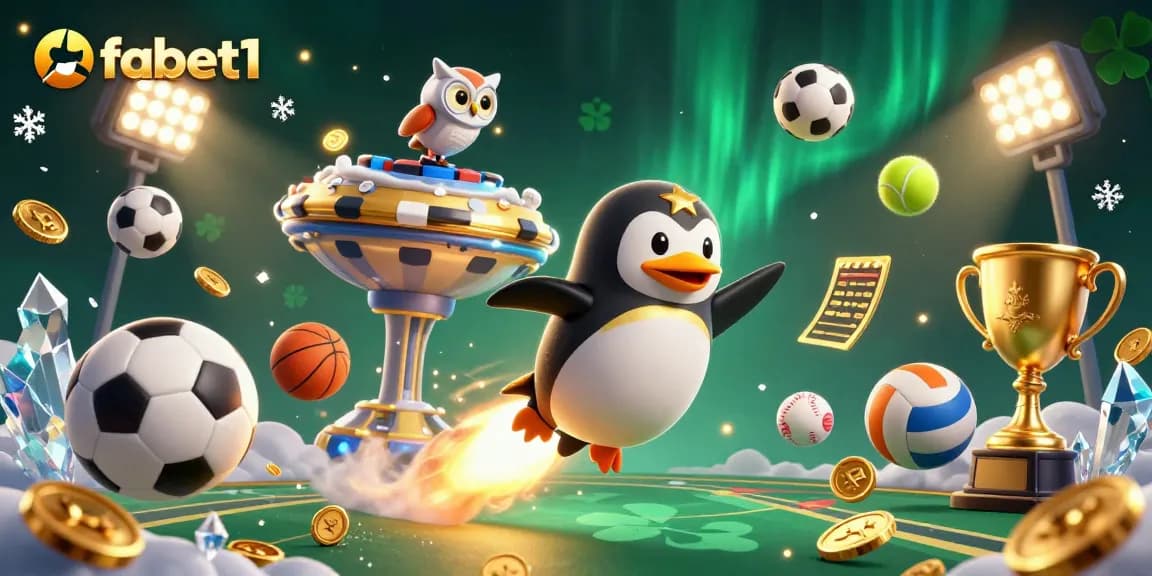 fabet1 features a golden penguin and casino space elements in a dynamic gambling scene.