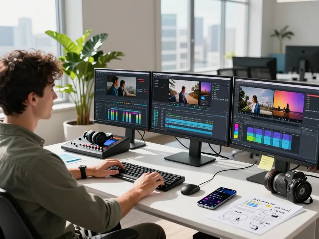 A video to prompt ai generator in a modern studio with an editor at work, showcasing multiple screens and creative elements.