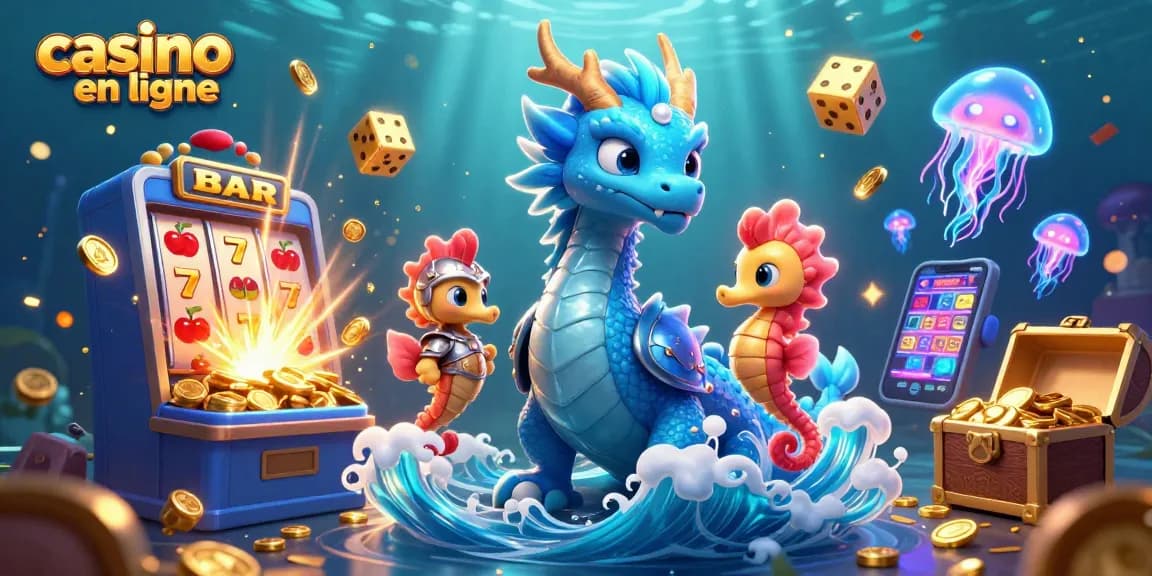 Jouez au casino en ligne avec une illustration d'un dragon aquatique et machines à sous dynamiques.