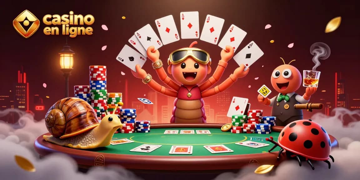 Jouez au casino en ligne avec une scène animée de dealer et de joueurs capturant l'excitation des jeux.