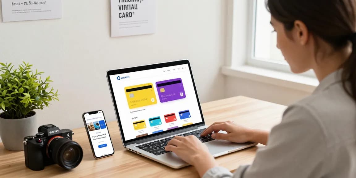 Customer purchasing virtual prepaid cards on ezzocard.com in a modern workspace with laptop and smartphone.