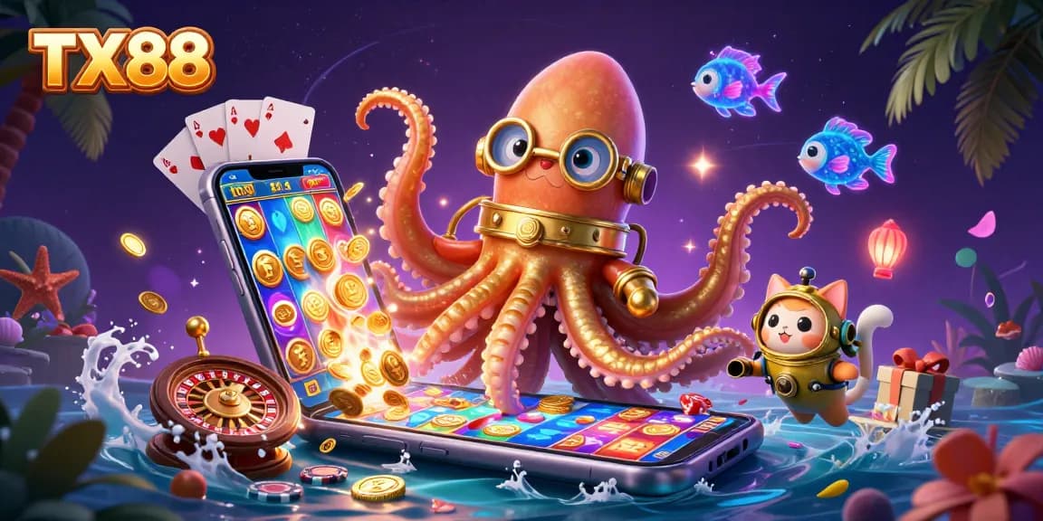 Spin to win at TX88 with the thrilling 3D kraken and a diving cat amidst captivating casino elements.