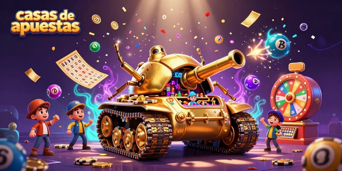 La energía de las casas de apuestas brilla con confetti y bolas de lotería en una ilustración vibrante.