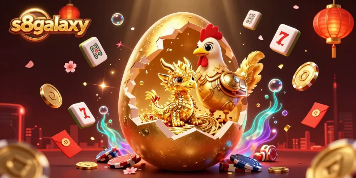 Engage with s8galaxy's vibrant online casino experience featuring a golden egg and dragon in a rich, festive atmosphere.