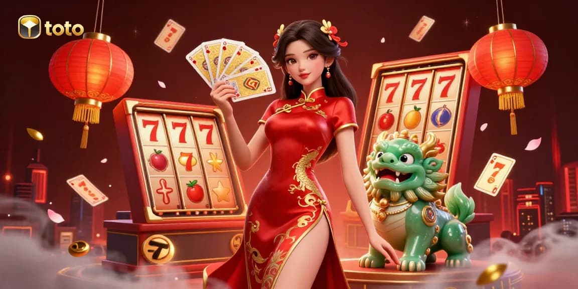 Experience high-stakes excitement with toto in an ultra-detailed casino illustration featuring vibrant slot reels and playful characters.