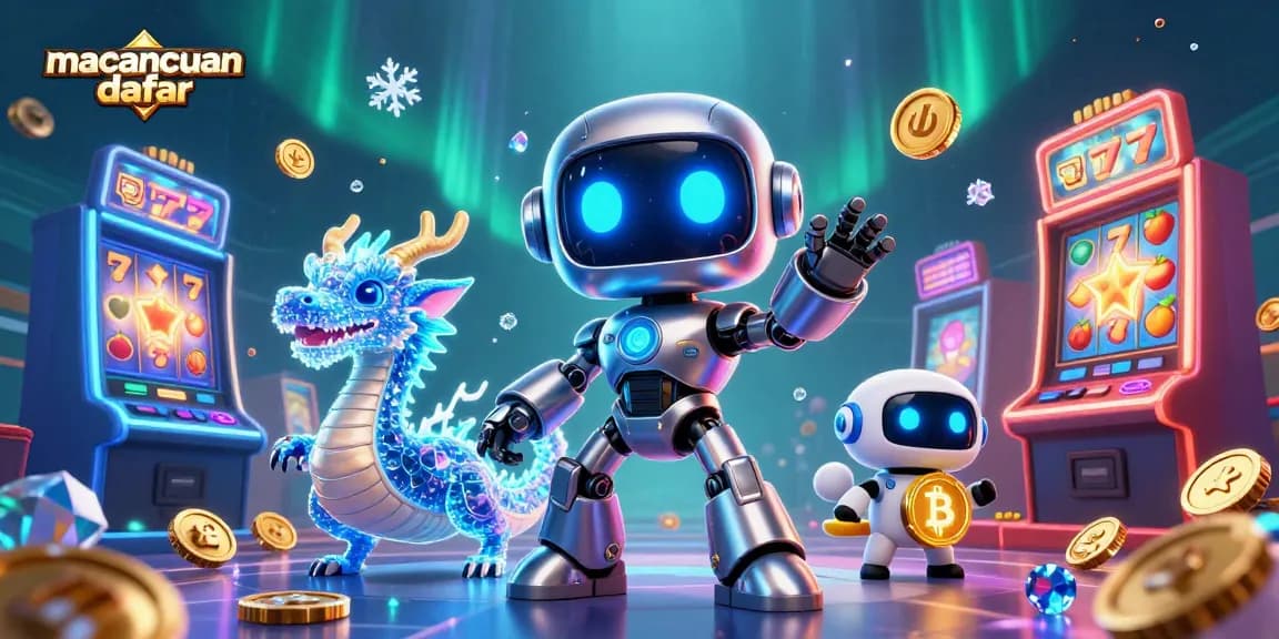 Gambarlah aneka permainan slot di macancuan daftar yang menampilkan simbol keberuntungan dan robot ceria.
