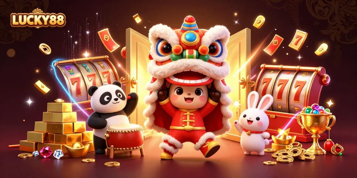 Experience LUCKY88 with vibrant lion dance and riches in an exciting casino-themed illustration.