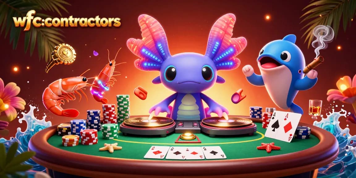 Engage with wfccontractors' vibrant casino scene featuring a neon axolotl DJ spinning golden records.