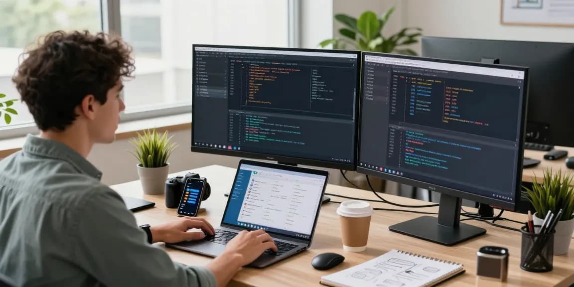 Experience the future of communication with Telegram Download, featuring a modern tech workspace where developers engage with powerful apps.