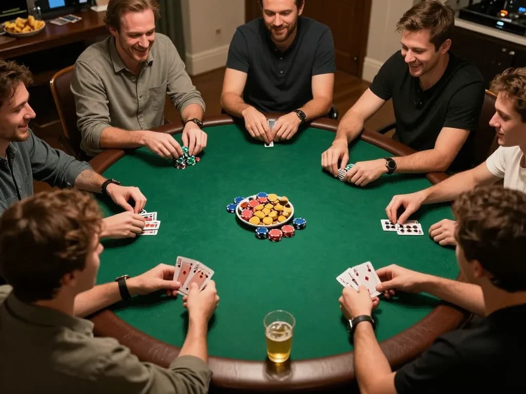 Engaging home poker night scene showcasing friends strategizing during a round of cards at a white label casino.