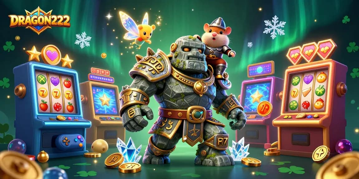 Spin your luck at DRAGON222, featuring a mystical golem and vibrant slot machines.