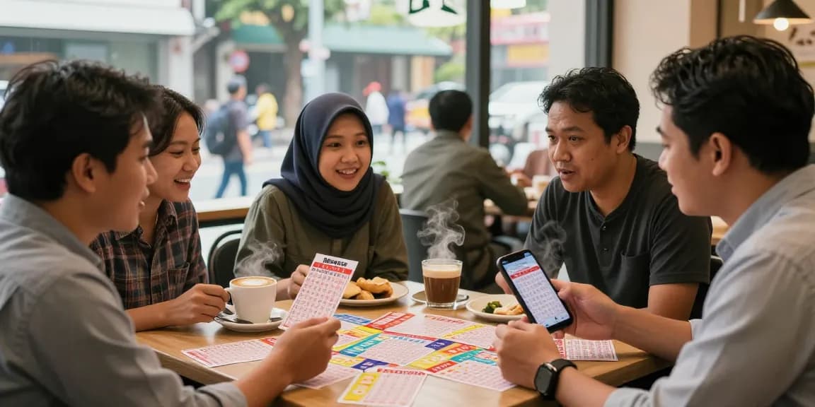 Diskusi nomor rejeki di kafe dengan tiket menang dan semangat para pemain togel.