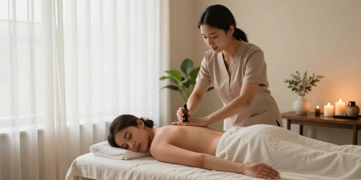 마사지 테라피스트가 고객에게 아로마 오일로 편안한 마사지를 제공하는 장면