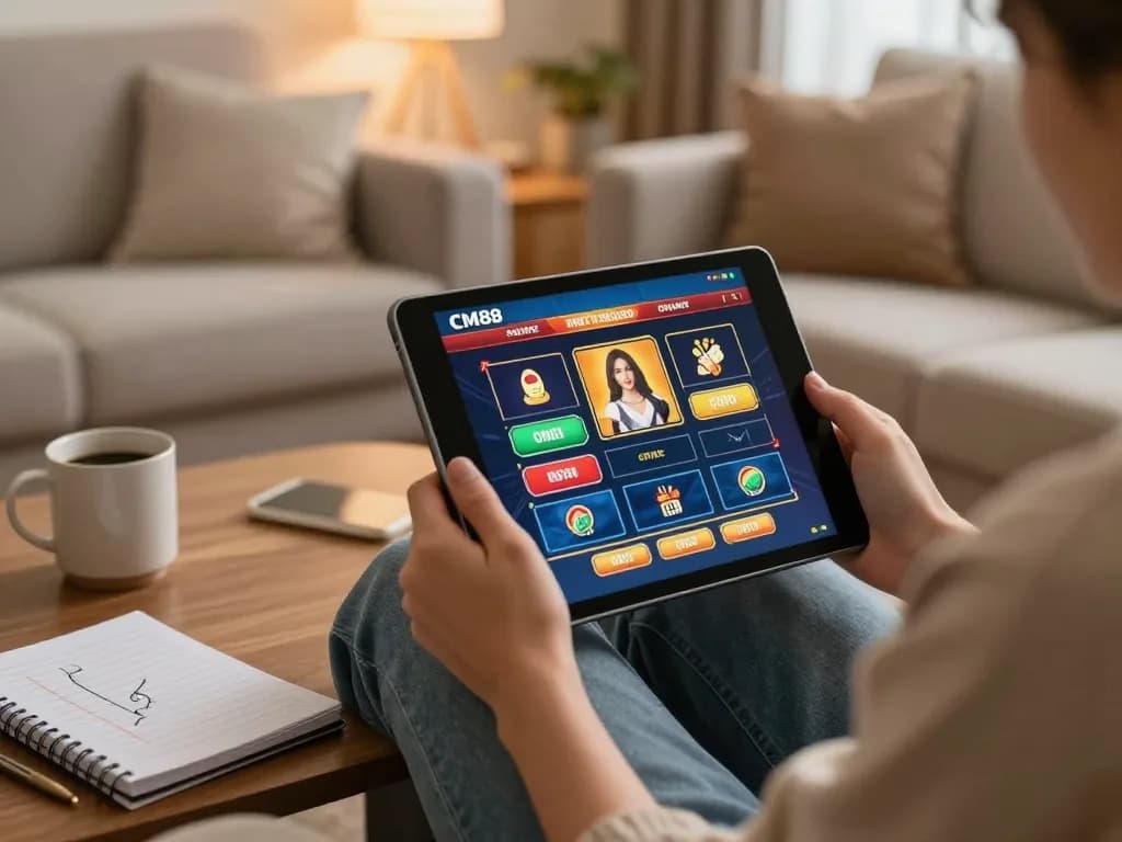 Playing casino games on CM88 in a relaxing home environment, emphasizing responsible gaming.