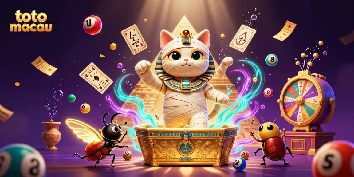 Gambar toto macau yang menarik dengan kucing mumi dan elemen judi menyerupai lotere.