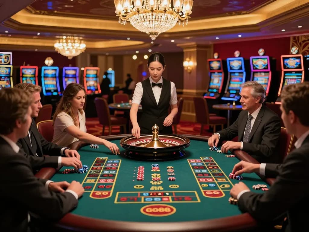 Go88 players placing exciting bets at a vibrant roulette table in a luxurious casino.