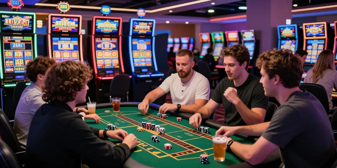 Exciting players celebrating wins at a gaming table with vibrant slots in background, emphasizing slot deposit 5k experience.