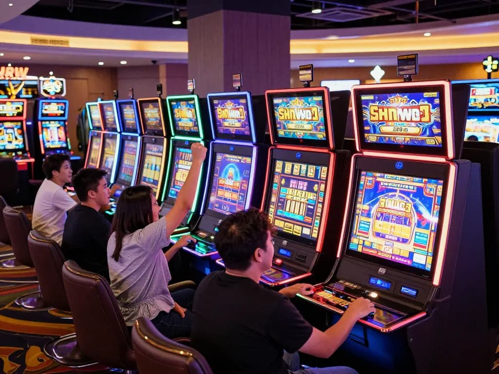 Sunwin gaming experience celebrating slot machine wins in a lively casino atmosphere