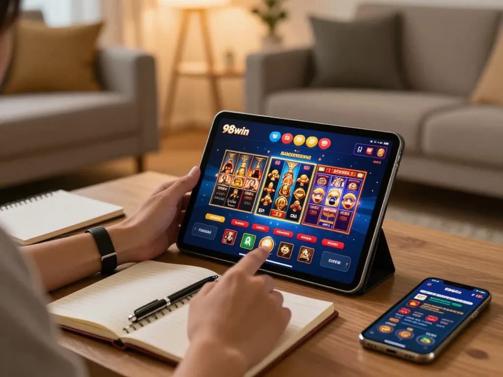 Engaging with the 98win casino app on tablet in a cozy home setting